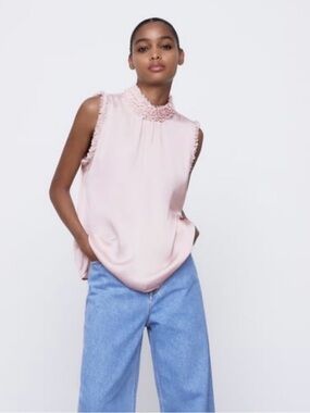 Zara Sleeveless Pink Ruffled Mock-Neck Top